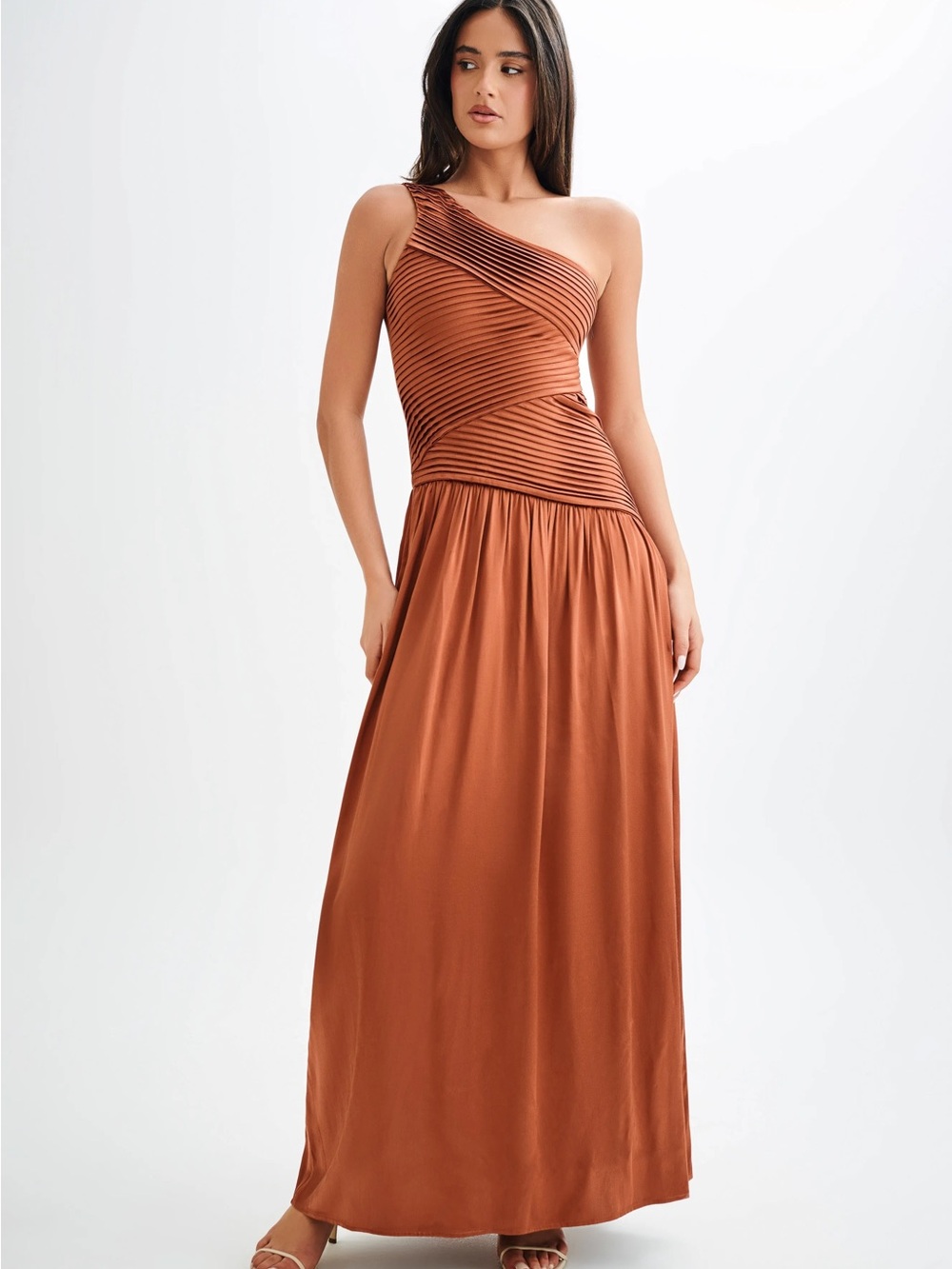 NWT Meshki One-Shoulder Rust Brown Maxi Dress
